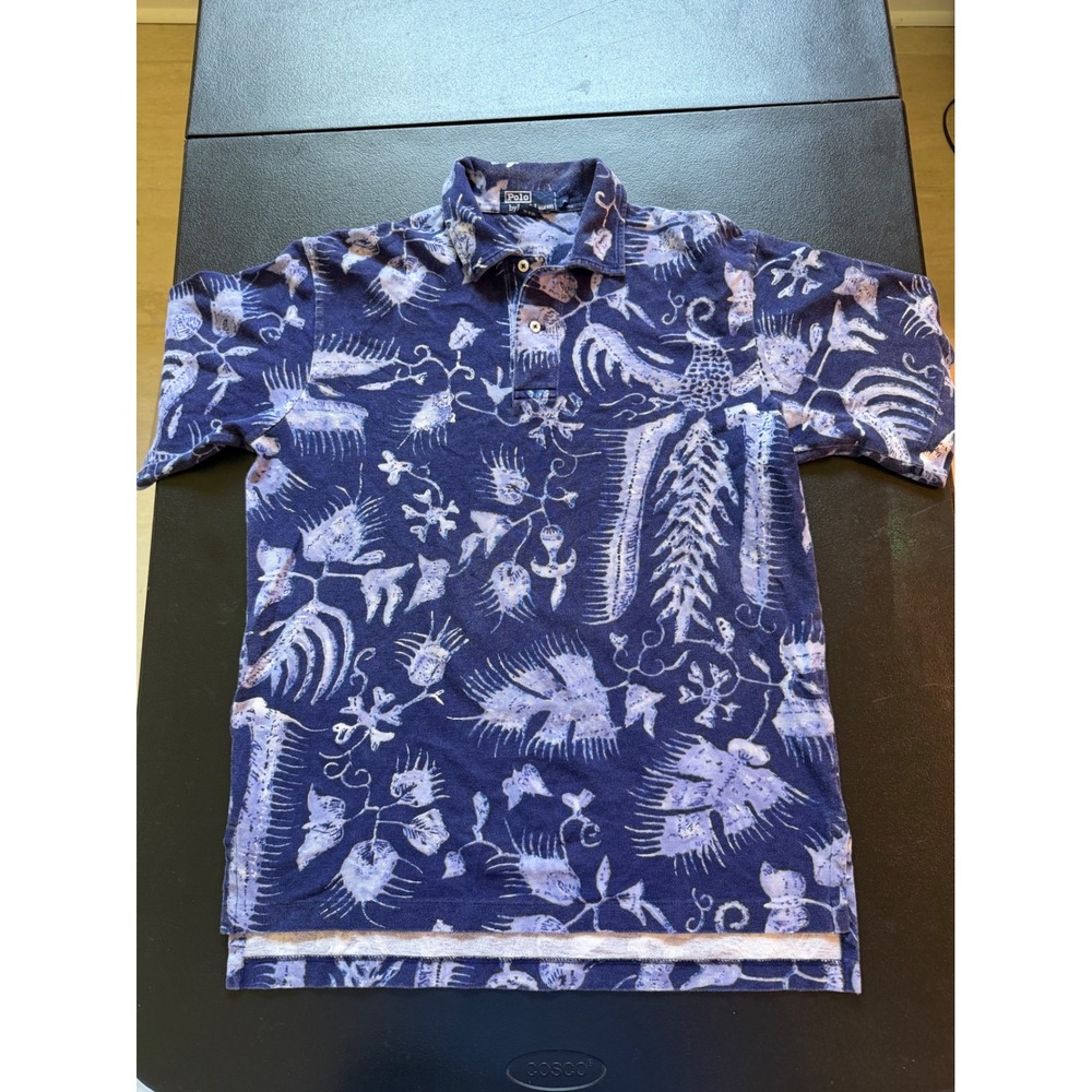 Y2K Polo Ralph Lauren Men Blue Batik Phoenix Floral Print Cotton Pique Polo Sz M